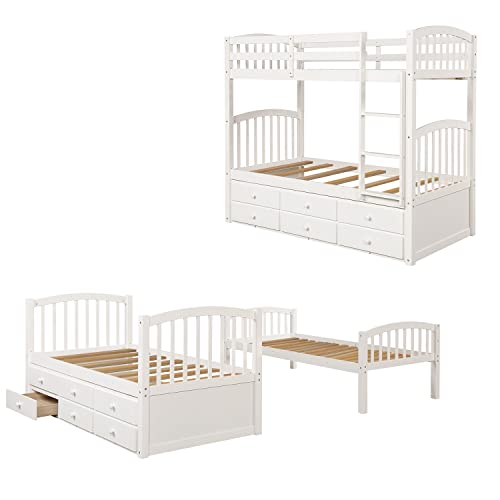 White Twin Bunk Bed with Ladder, Safety Rail and Trundle P797155
