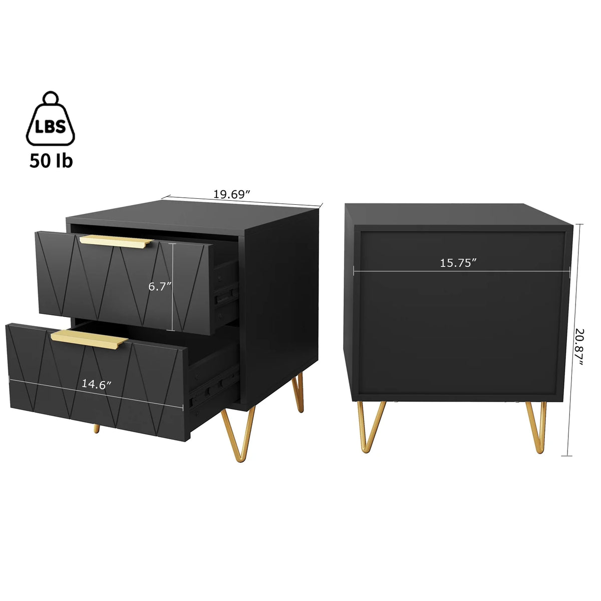 Black 2 Drawer Nightstand Bedside Table with Storage O7871