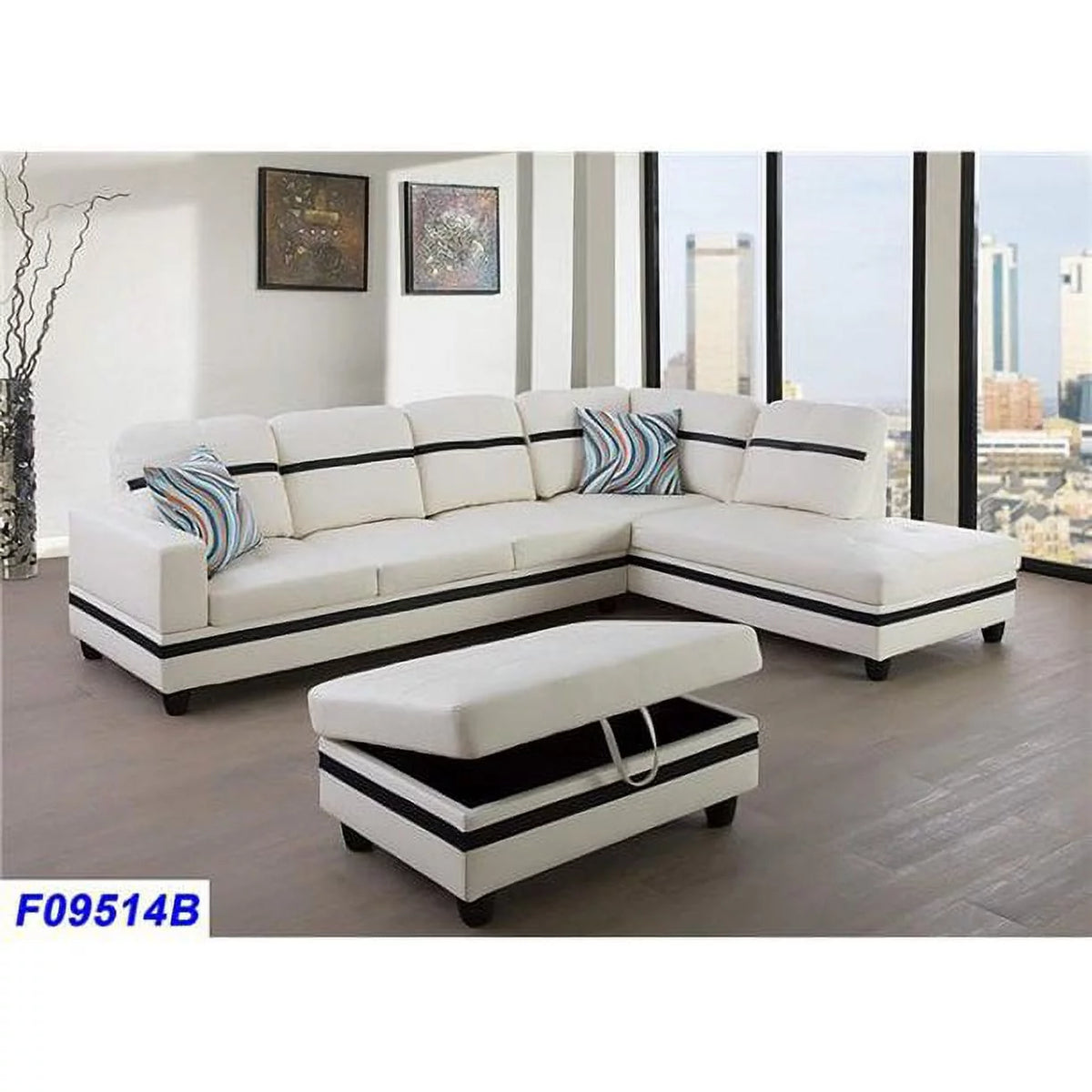 White Faux Leather Left Hand Facing Sofa & Chaise with Ottoman G64129