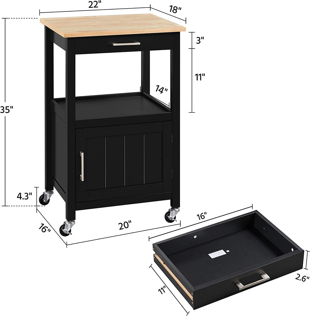 Black Kitchen Island on Wheels with Wood Top and Drawer K546