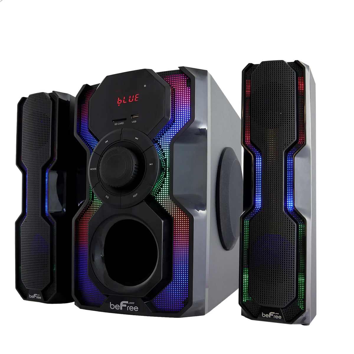 2.1 Channel Bluetooth Wired Speaker Stereo System with LED Lights, FM Radio, USB & SD Inputs - Black & Silver J6848