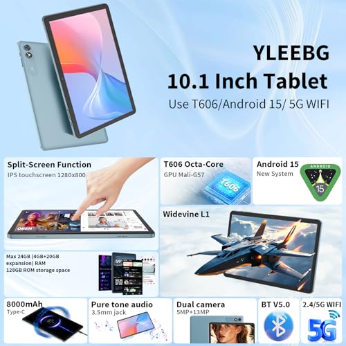 Android 15 Tablet with Keyboard, 26GB+256GB, 10.1 Inch, 8000 mAh, 5G WiFi, Dual Camera, 2 in 1, Black M110