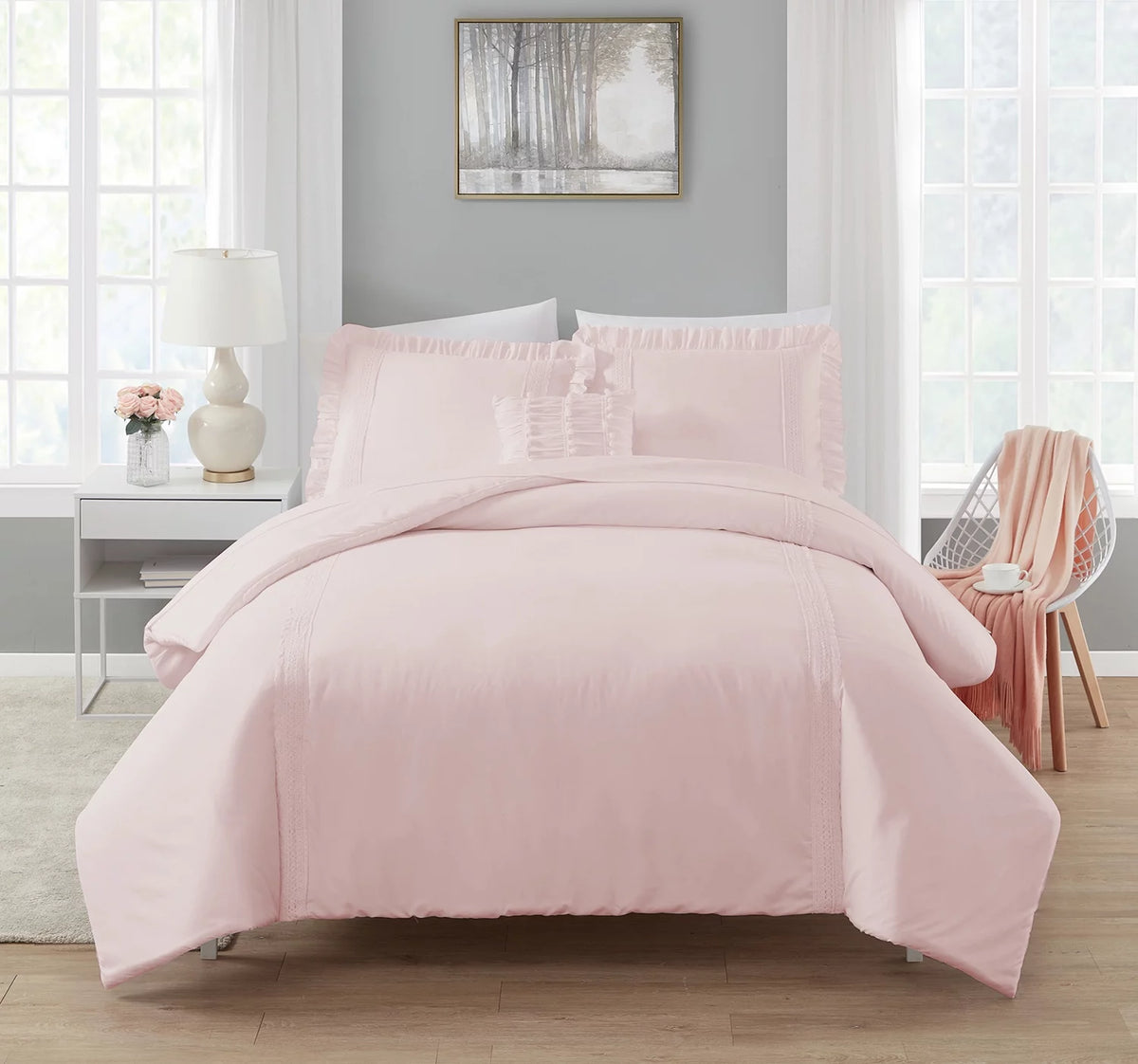 Pink Crochet Stripe 4-Piece Microfiber Comforter Set A2287