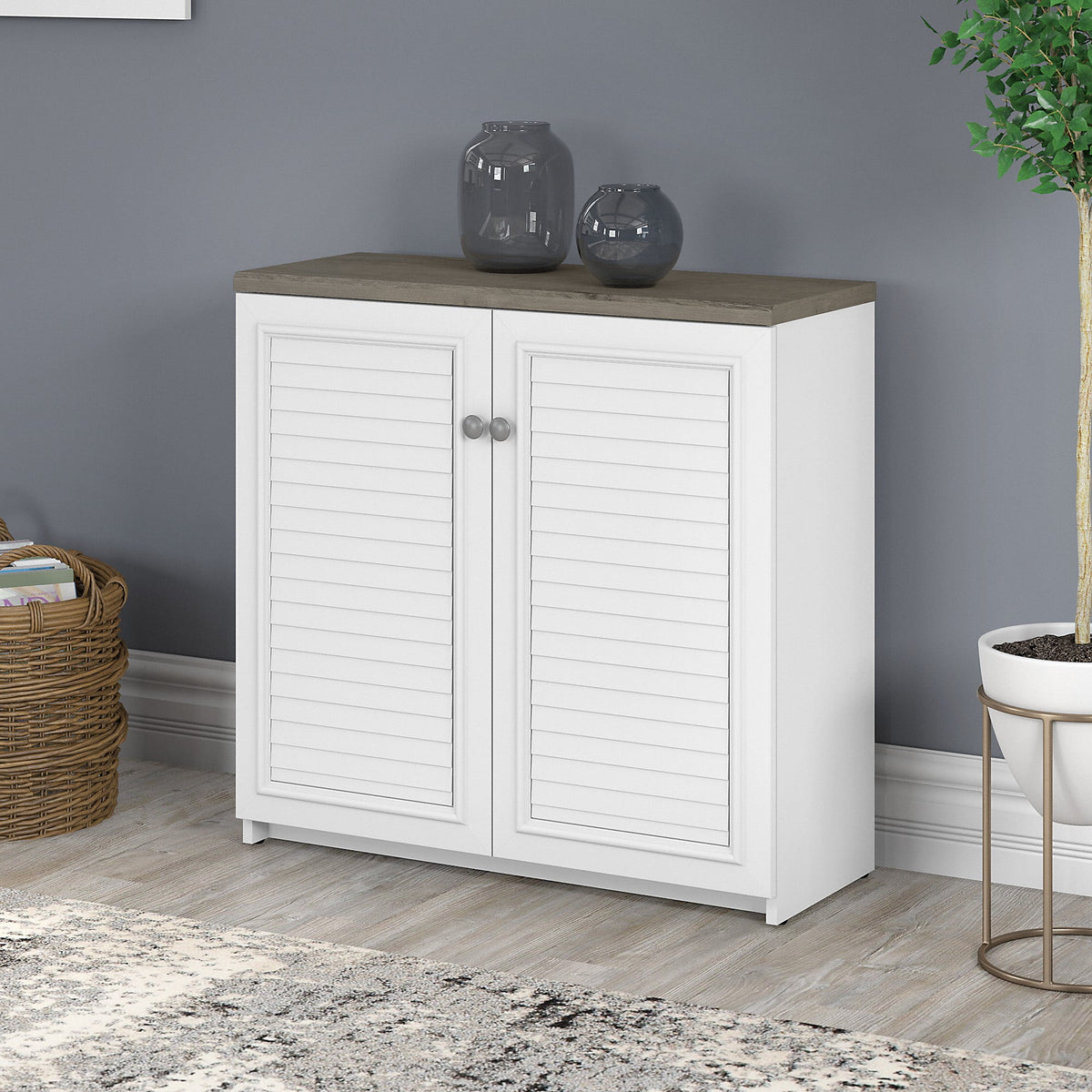 White & Gray Storage Cabinet with Doors T669