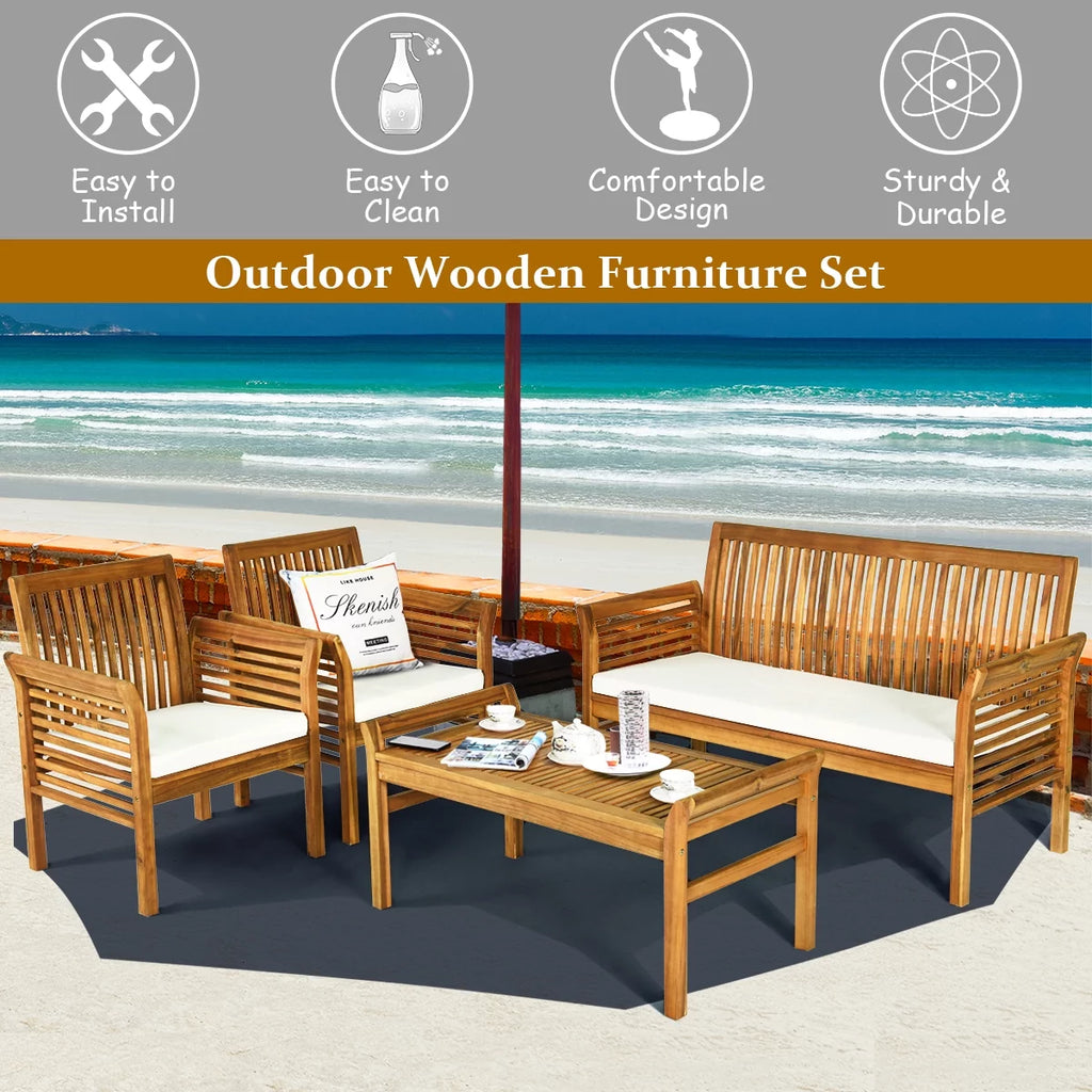 4 PCS Acacia Wood Cushioned Sofa Set F619
