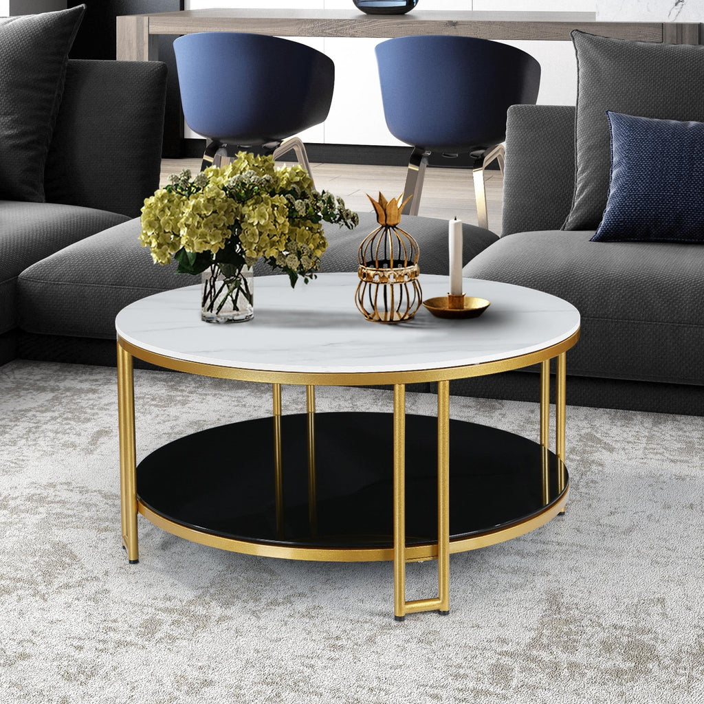 White Marble Gold Round Coffee Table with Storage M421