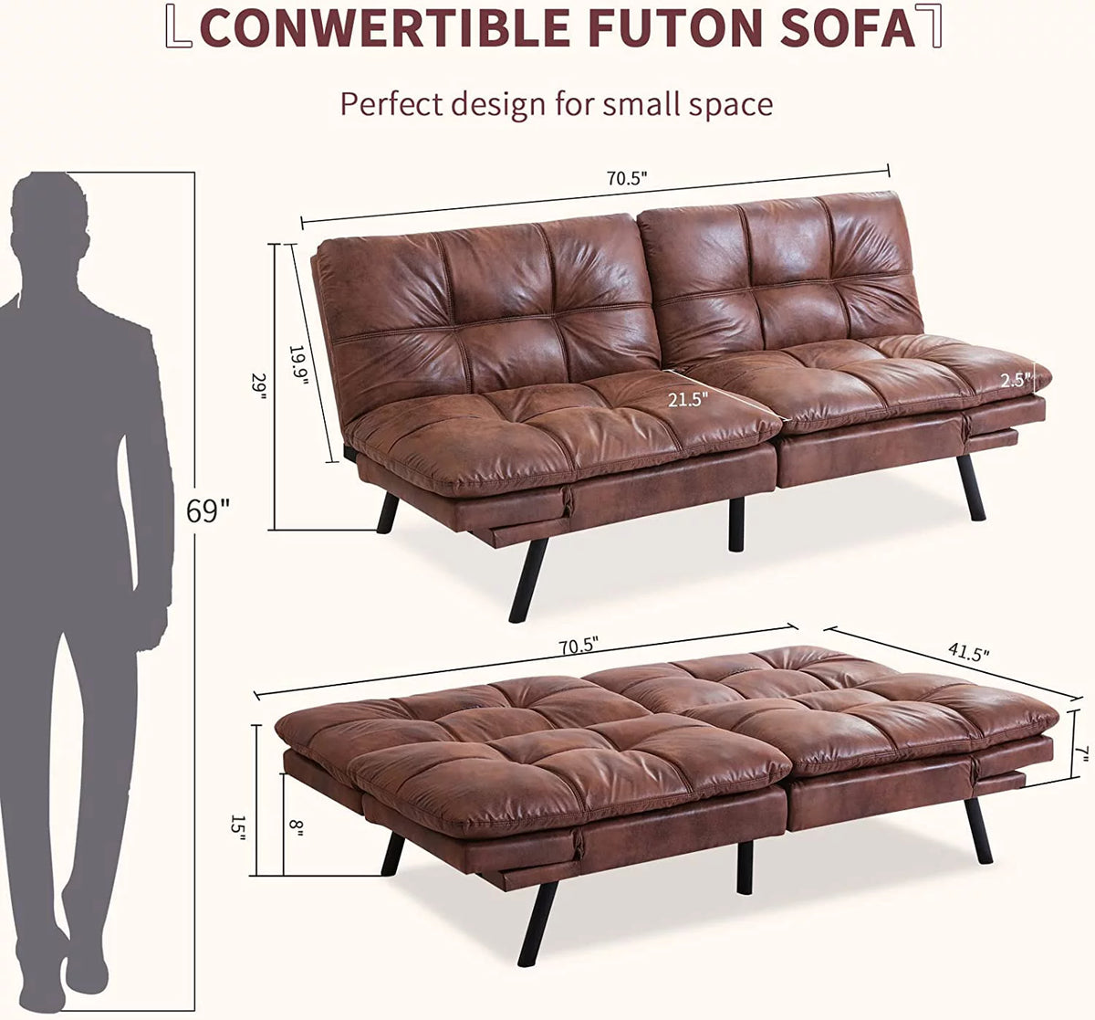 Leather Convertible Memory Foam Futon Sofa Bed with Mattress D155