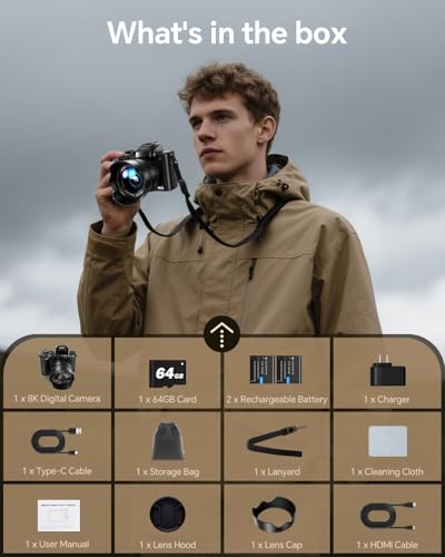 8K Digital Camera with Front and Rear Lens, Flash, Touch Screen, 64GB Card, 2 Batteries X89344