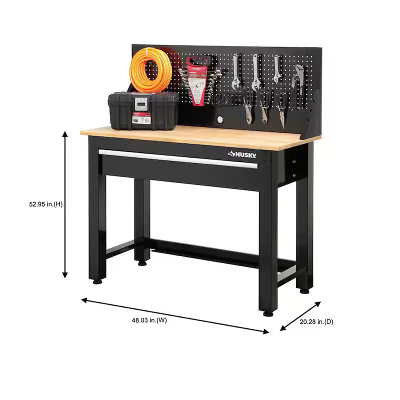 Black Solid Wood Top Workbench with Pegboard and 1 Drawer V3184