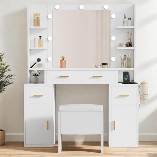 Snow White Vanity Desk with Mirror and Storage Bench R12894