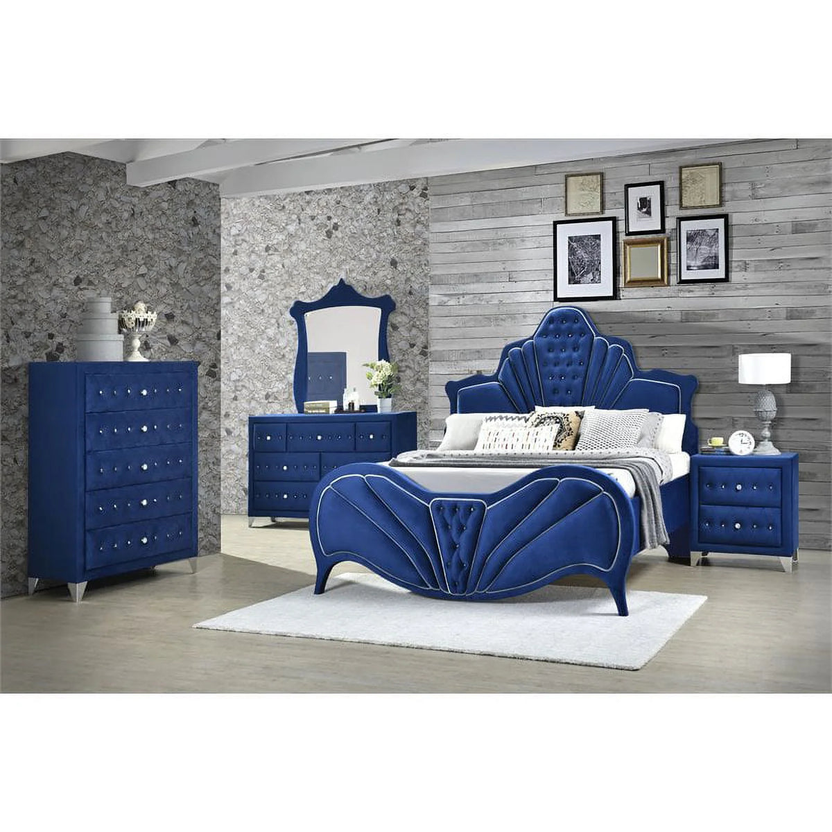 Queen Bed in Blue Velvet Q344