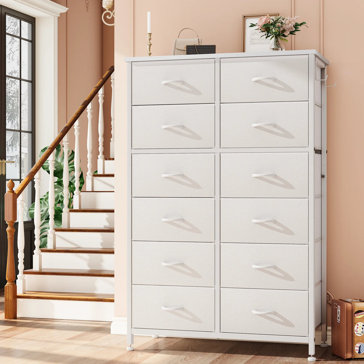 12 Drawer Fabric Dresser with Steel Frame and Wooden Top M7791