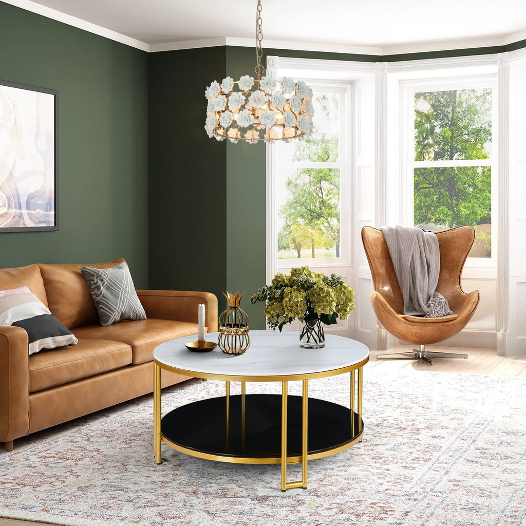 White Marble Gold Round Coffee Table with Storage M421