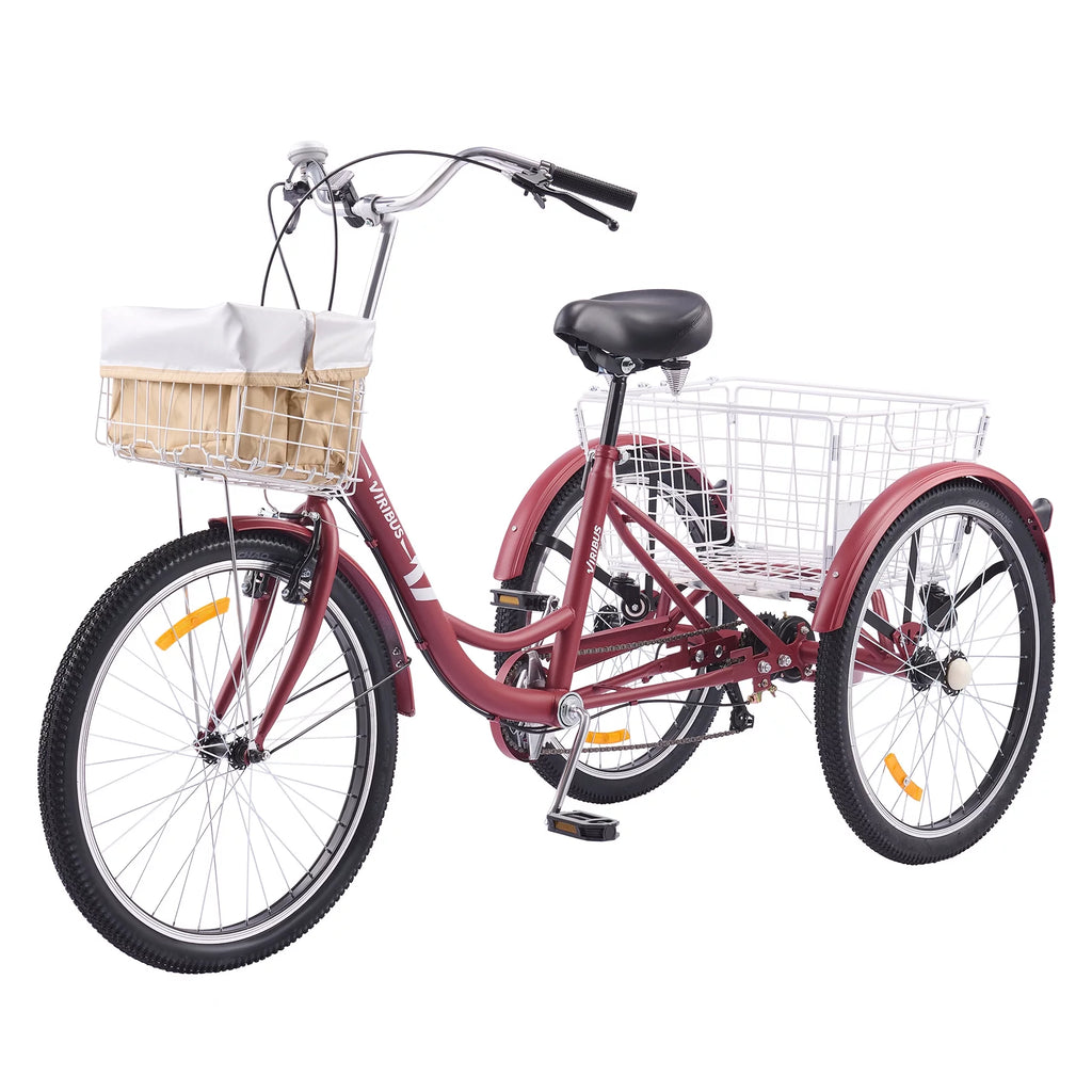 24 Inch 7 Speed Adult Trike with Adjustable Seat and 2 Baskets Matte Gray B1206
