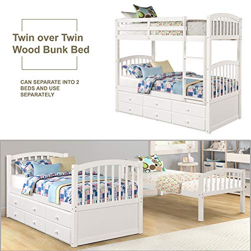 White Twin Bunk Bed with Ladder, Safety Rail and Trundle P797155