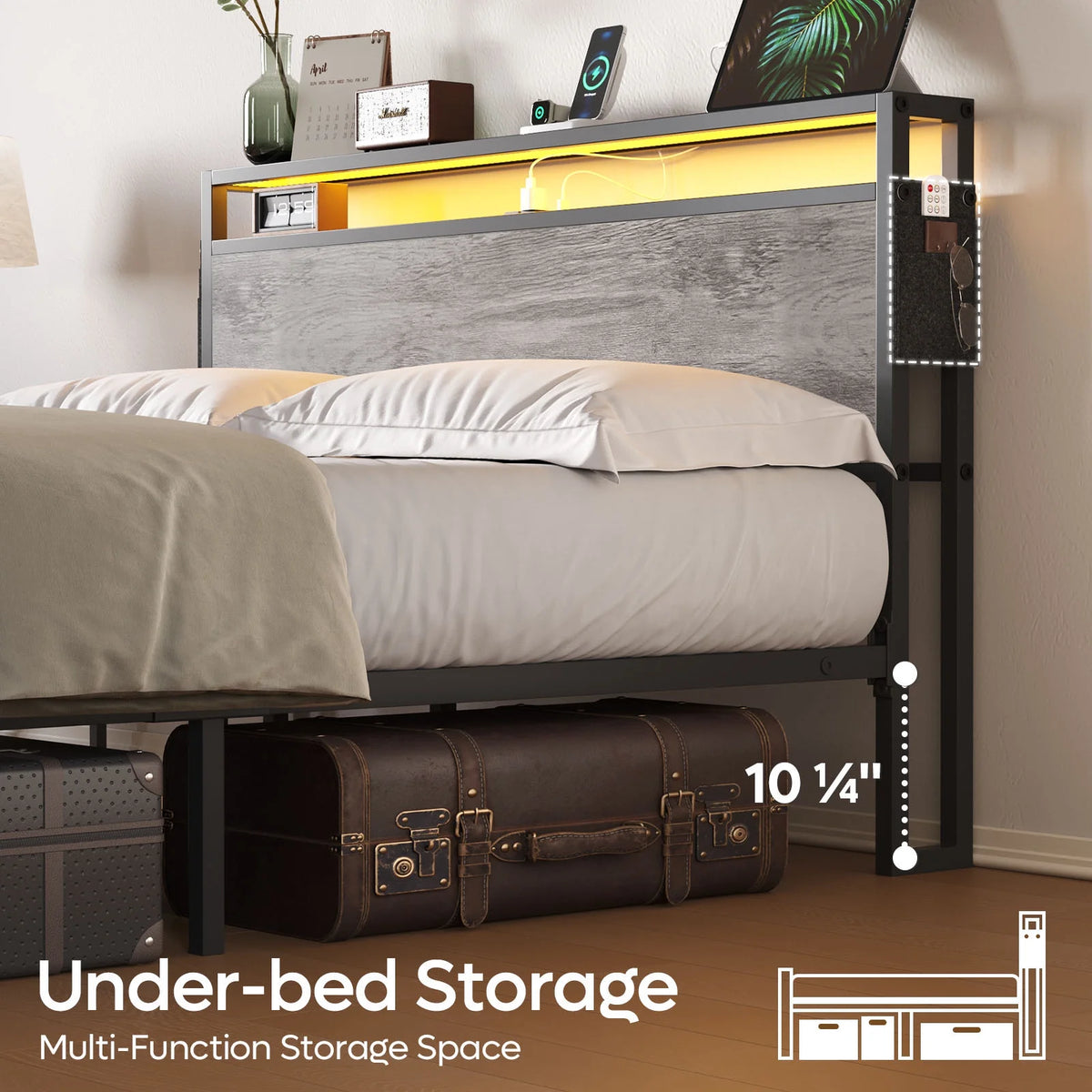 Queen Size Platform Bed with Storage Headboard and Charging Station, Grey C98252