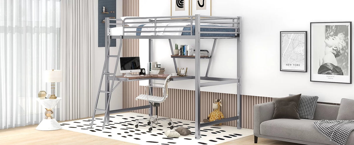 Twin Size Metal Loft Bed with Desk and Storage Shelf D85876