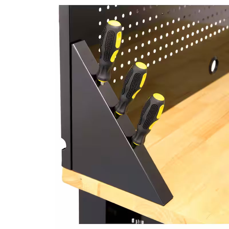 Black Solid Wood Top Workbench with Pegboard and 1 Drawer V3184