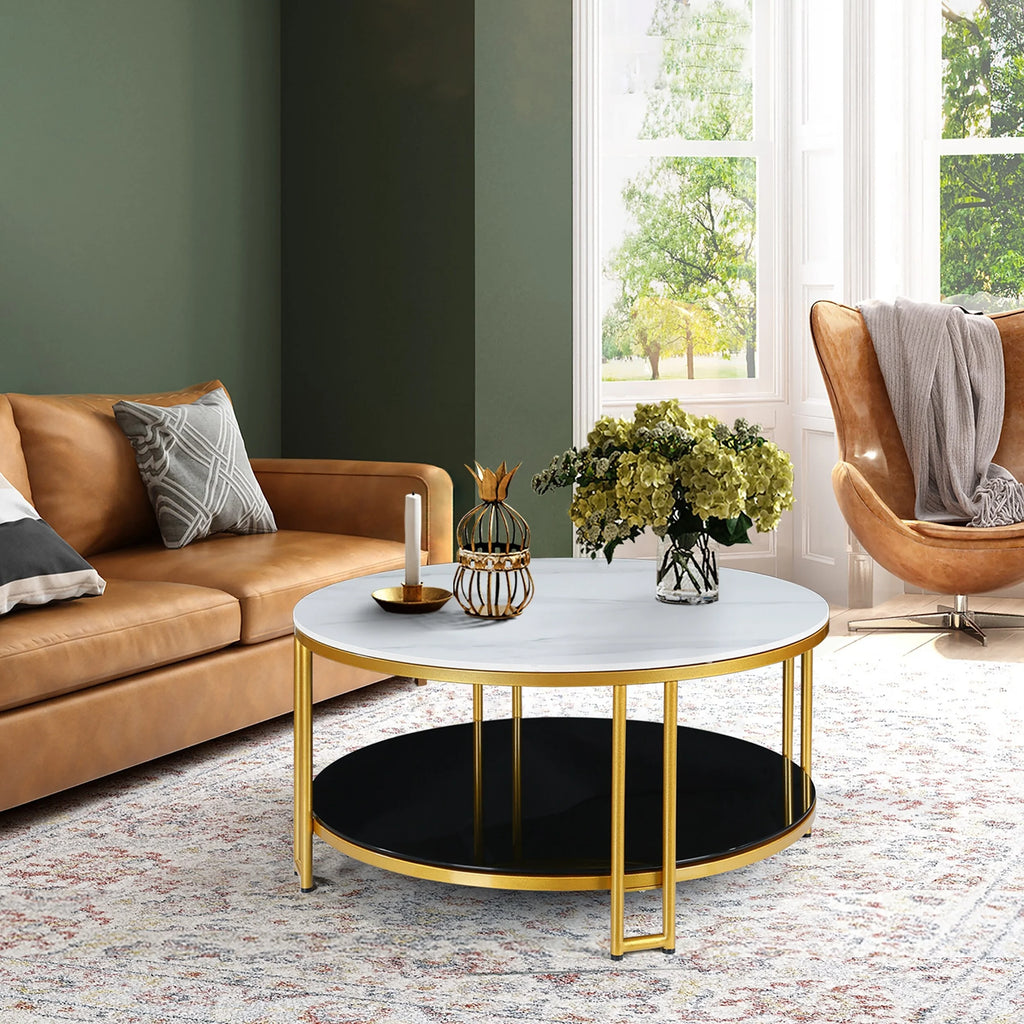 White Marble Gold Round Coffee Table with Storage M421