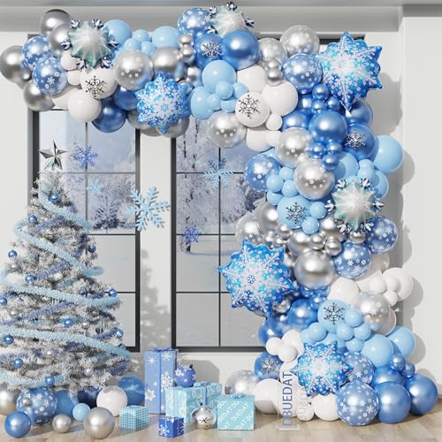 Blue Snowflake Balloon Garland Arch Kit with Silver Blue White Latex Balloons L6811