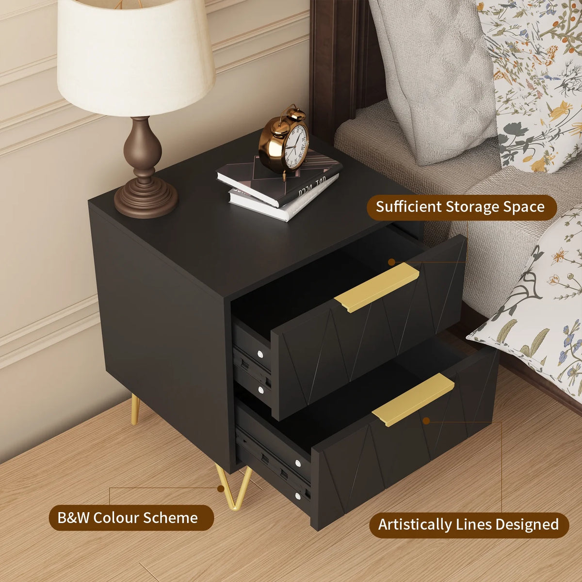 Black 2 Drawer Nightstand Bedside Table with Storage O7871