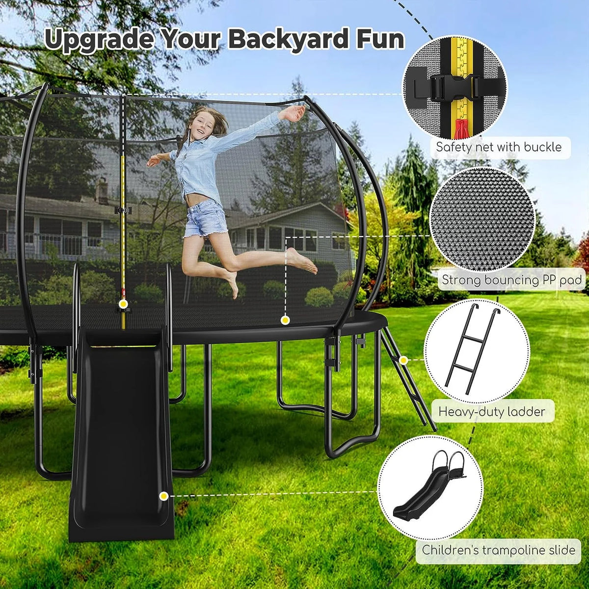 12 14 16FT Trampoline with Slide, Enclosure Net and Ladder D854189