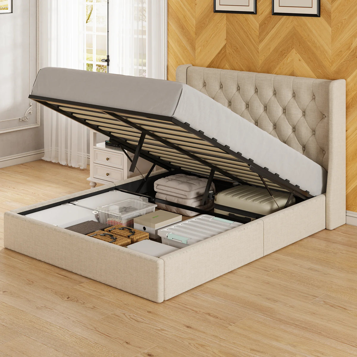 Queen Size Lift Up Storage Upholstered Bed Frame with Headboard G291