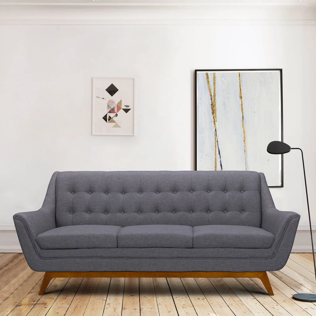 Mid-Century Sofa in Champagne Wood Finish Dark Grey Fabric K129