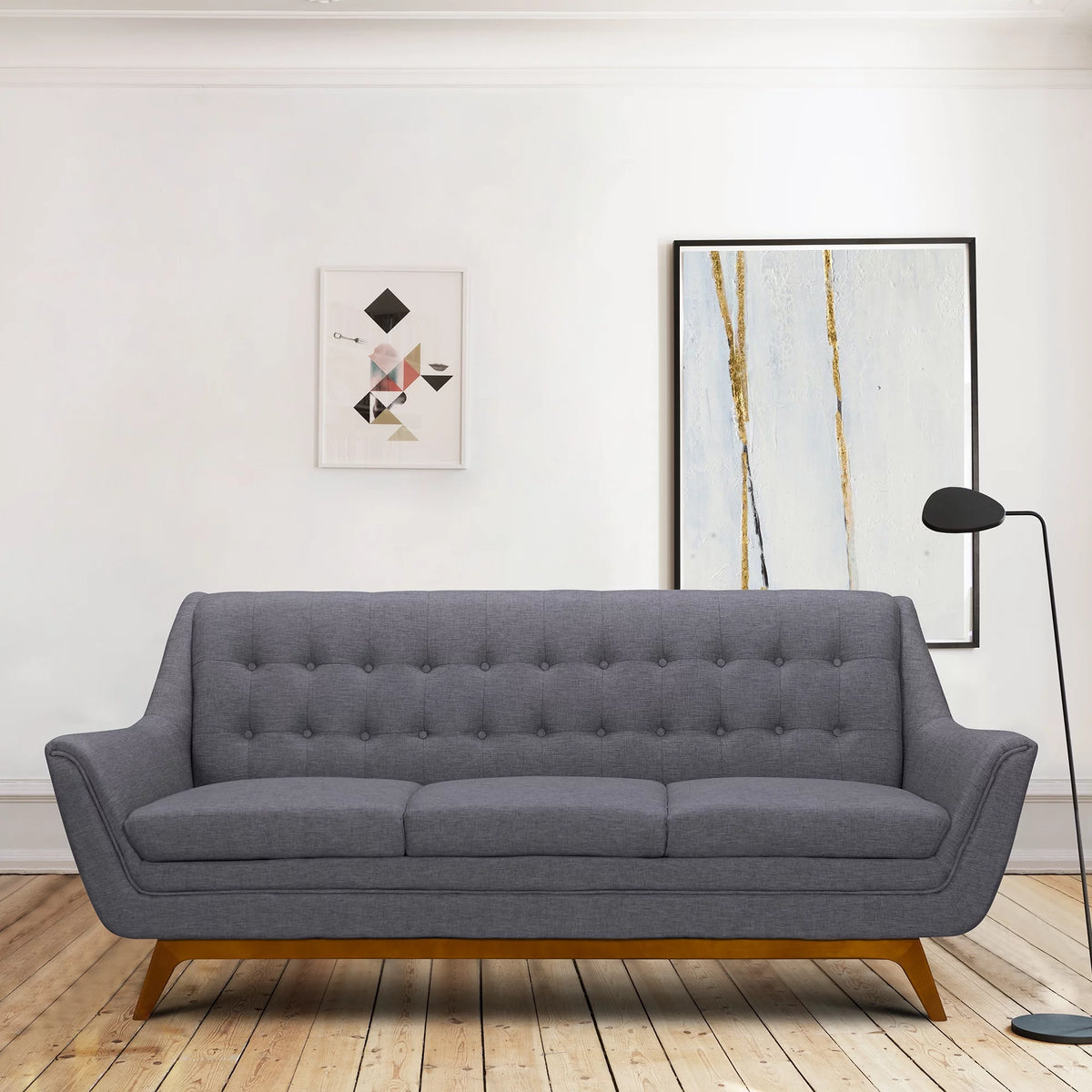Mid-Century Sofa in Champagne Wood Finish Dark Grey Fabric K129