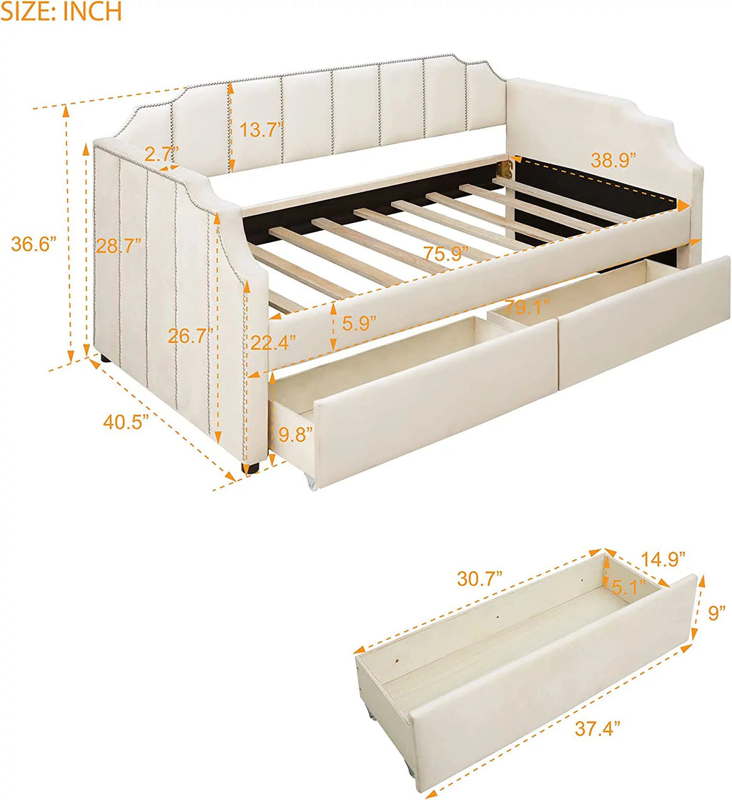Beige Upholstered Daybed with Storage and Two Drawers L26089