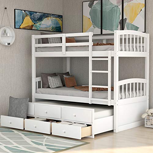 White Twin Bunk Bed with Ladder, Safety Rail and Trundle P797155