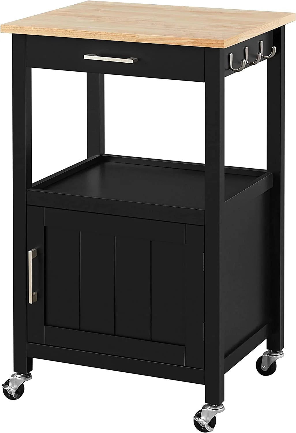 Black Kitchen Island on Wheels with Wood Top and Drawer K546