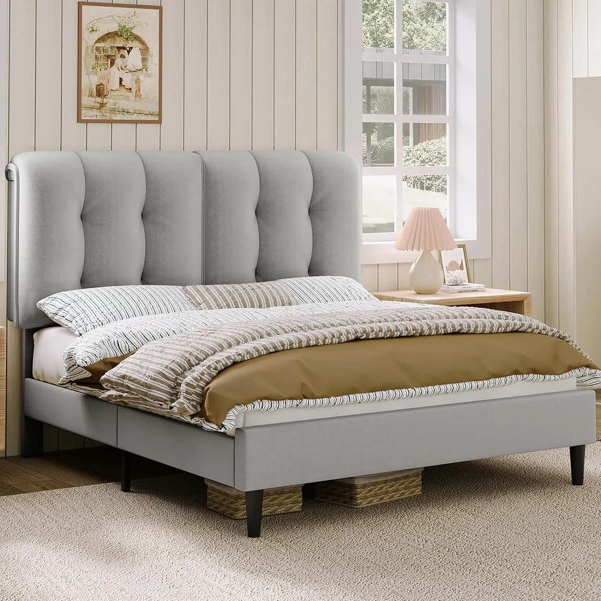 Queen Velvet Upholstered Platform Bed with Adjustable Headboard K9342