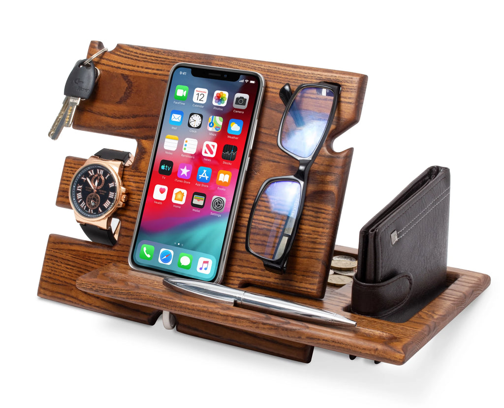 Wood Phone Docking Station Key Holder Wallet Stand Watch Organizer C84080