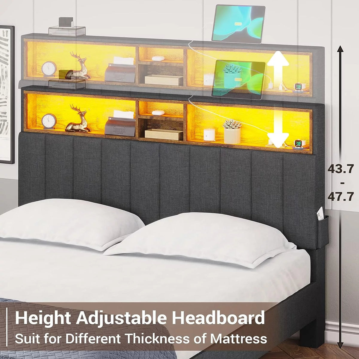 Dark Grey Queen Upholstered Platform Bed Frame with Storage Headboard L74027