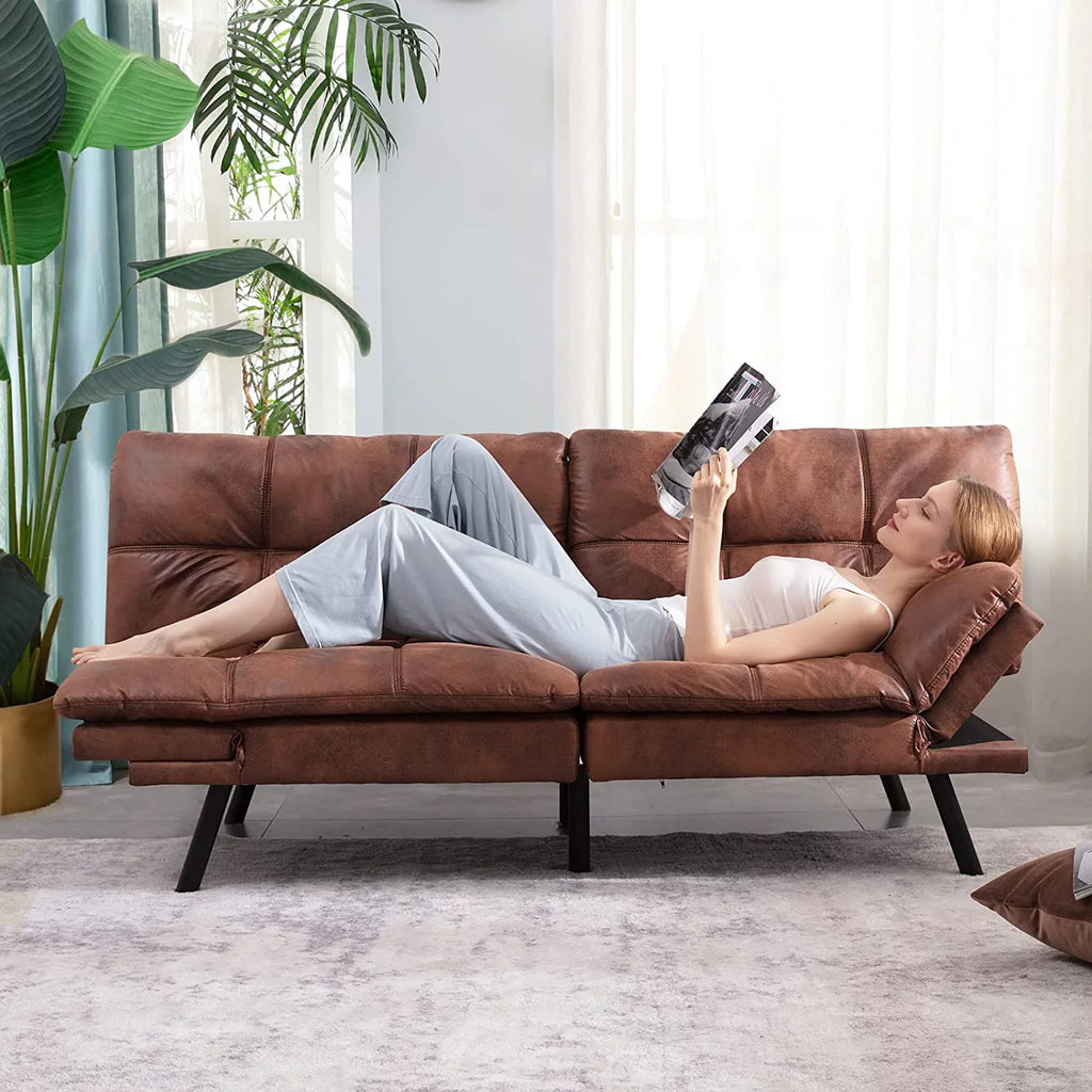 Leather Convertible Memory Foam Futon Sofa Bed with Mattress D155