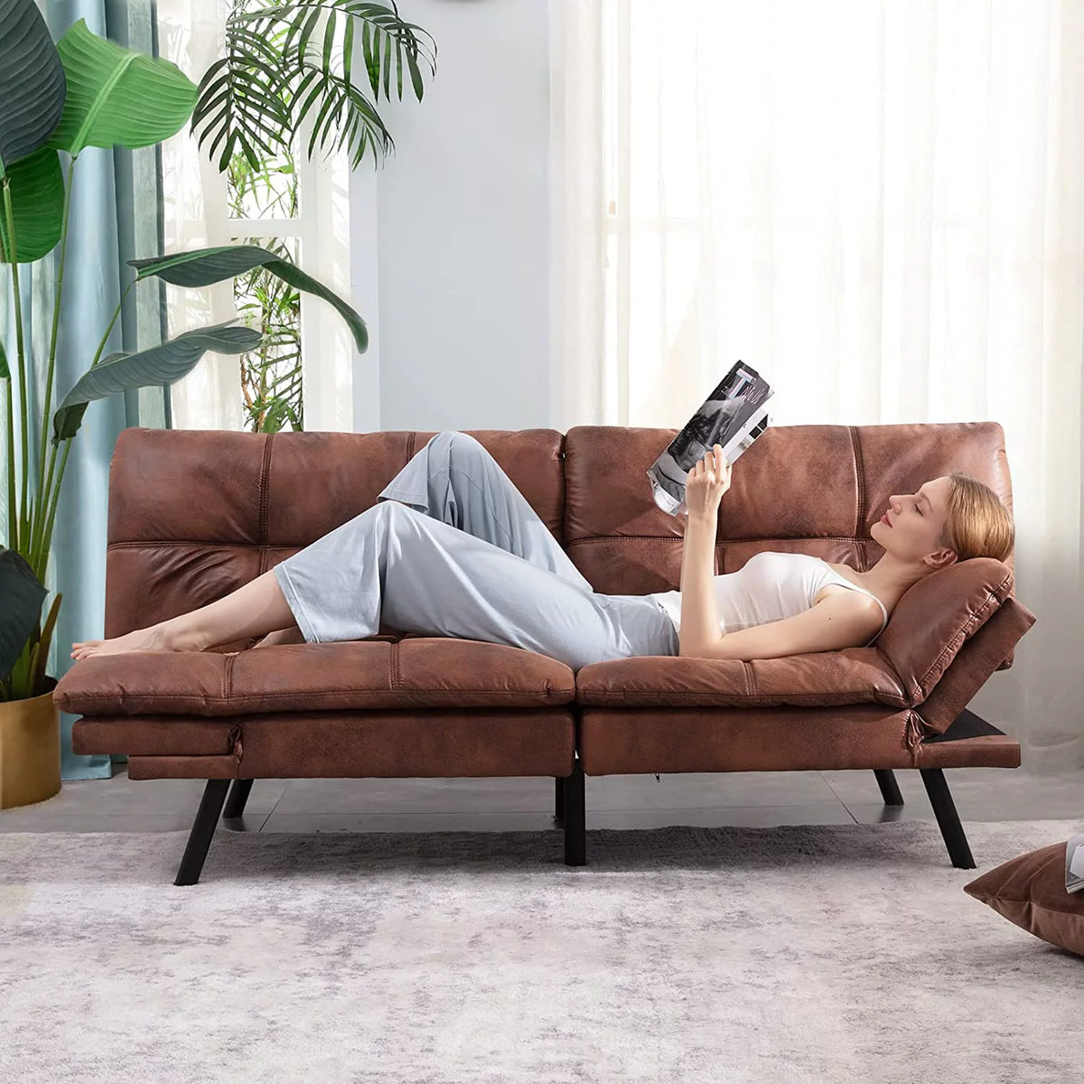Leather Convertible Memory Foam Futon Sofa Bed with Mattress D155